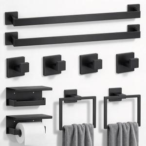 10-Piece Black Bathroom Hardware Set SUS304 Stainless Steel, 2×23.6" Towel Bars, 2 Towel Rings, 2 Toilet Paper Holders & 4 Towel Hooks Wall Mounted Bathroom Accessories Set