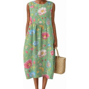 LOVESHOOT Womens Midi Dresses Summer Casual Sleeveless Crew Neck Floral A Line Sundress Boho Flowy Loose Dress (L)