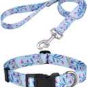 Mihqy Dog Collar and Leash Set with Bohemia Floral Tribal Geometric Patterns - Soft Ethnic Style Collar Adjustable for Small Medium Large Dogs(Pink + Purple Floral Set,S)
