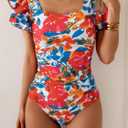 Eomenie Women's Tummy Control One Piece Swimsuit Ruffle Square Neck Bathing Suit Ruched Cutout Back Slimming Swimwear (L)