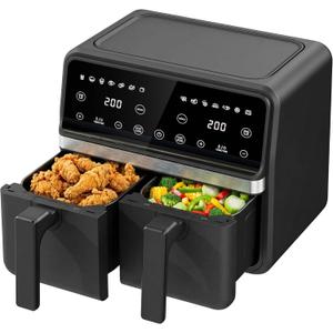 Dual Air Fryer with 2 Independent Baskets, 9QT (2x4.5QT) 2200W Double Air Fryer for Family, Sync & Match Cooking