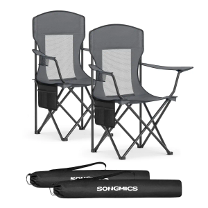 SONGMICS Breathable Camping Chairs, Foldable Outdoor Chairs Set of 2, High Back, Adjustable Armrests, Drink Holder, Weight Capacity 330 lb, for Sports Garden Backyard, Slate Gray UGCB028G01