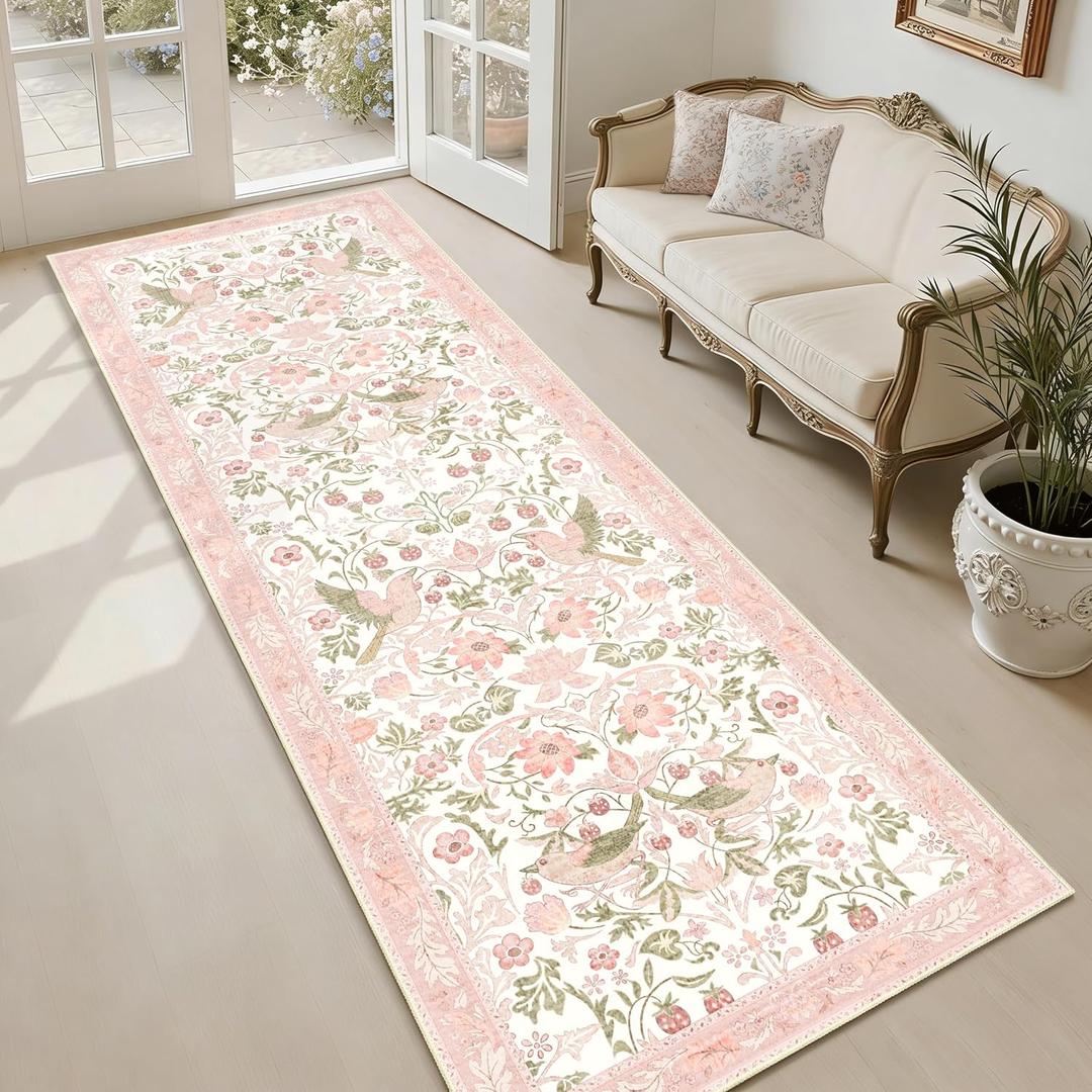 Washable Runner Rug 2'x6',Pink Rug Runners Non Slip,Long Boho Rugs for Hallways Kitchen Bathroom Bedroom Entryway,Botanical Farmhouse Bohemian Distressed Floor Carpet,Blush Floral Bird