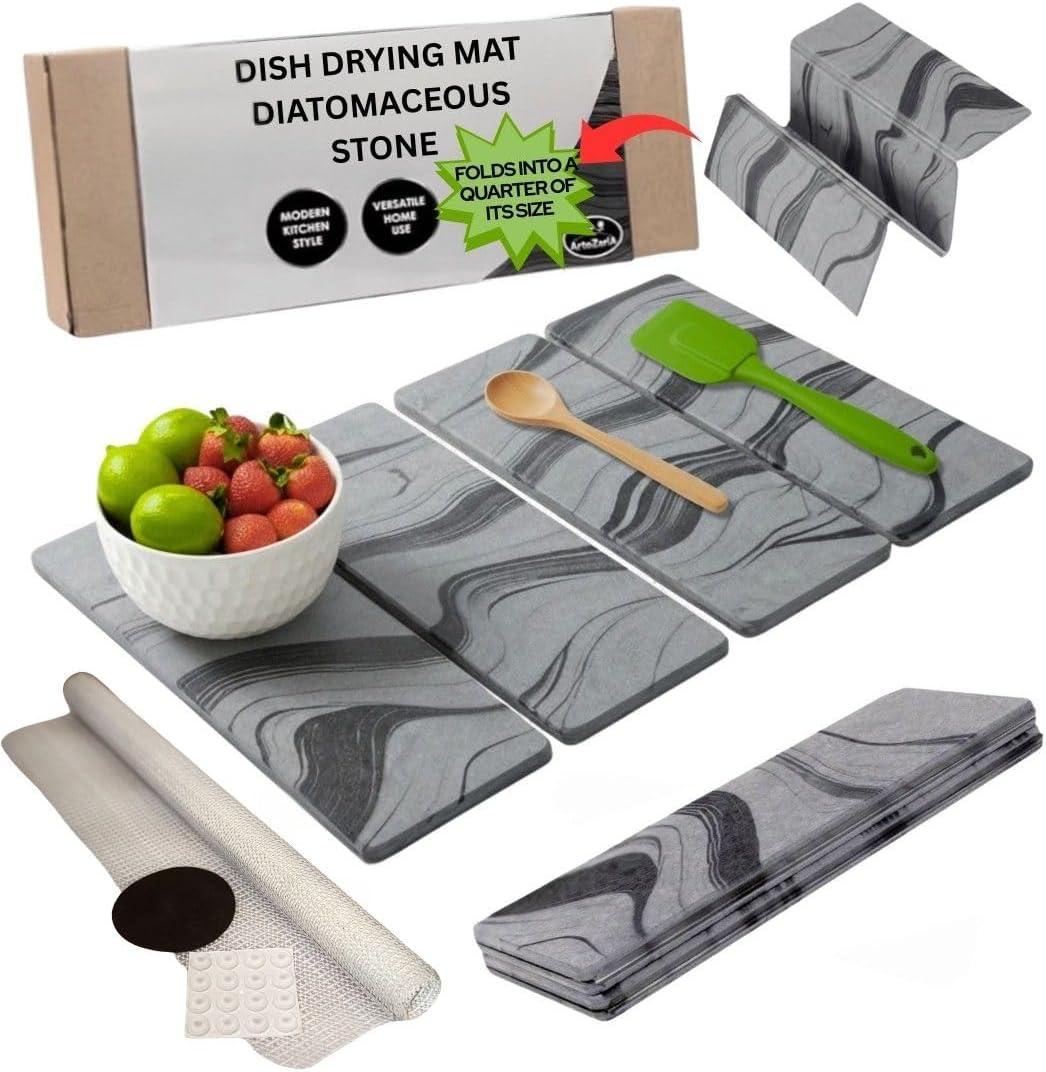 Large Stone Dish Drying Mat for Kitchen Counter  23.5 L x 15.3 W Diatomaceous Earth Dish Drying Mat, Foldable Quick-Dry Diatomite Stone for Sink Area, Modern Marble Design, Roll-Up Storage