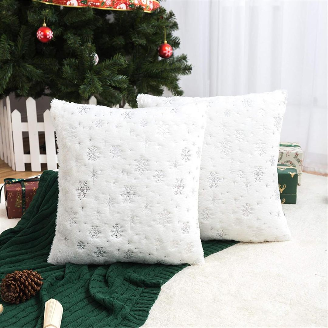 AQOTHES Soft Faux Fur Fuzzy Cute Decorative Throw Pillows Covers with Snowflake Glitter Printed Pillowcases for Christmas Decor Home Bed Room Sofa Chair Couch, Ivory, 18x18 inch, Pack of 2