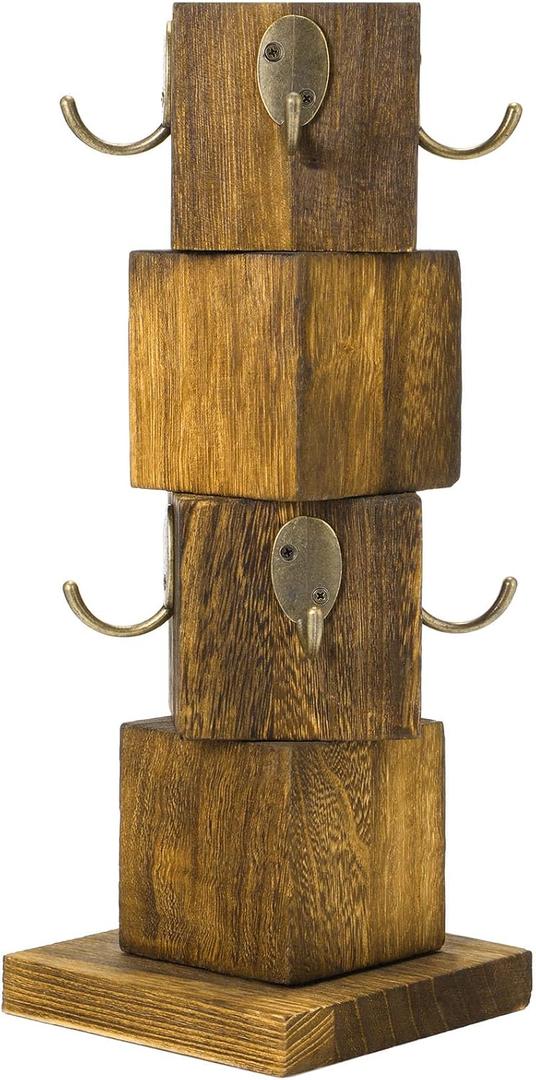 Vesici Wood Coffee Mug Holder Rustic Wooden Cup Holder for Counter Farmhouse Mug Tree Stand with 8 Cup Hangers, Vintage Mug Rack for Coffee Bar Kitchen(Wood Color)