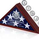 Personalized Flag Display Case for 5'x9.5' Burial Flag, Custom DIY Stickers Self-Adhesive for Your Own Texts on Glass Front, Sliver Words and Logo, Mahogany Wood Flag Holder Shadow Box for Veterans