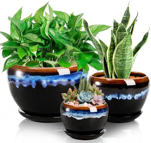 Pack of 3 Ceramic Flower Pots, Gardening Drip Glazed Planter, Plant Pot with Drainage Hole and Saucer, 7/5/4 Inch Rustic Houseplant Container for Succulent Herbs Cactus Orchid, Home Indoor Outdoor