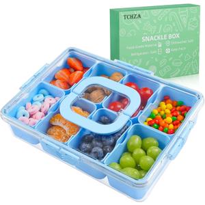 Snackle Box Container, Dishwasher Safety - Divided Serving Tray with Lid and Handle, Charcuterie Board for Portable Snack Platters - Organizer for Fruits Snacks - Perfect for Road Travel - Light blue
