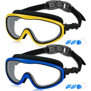 COOLOO Kids Swim Goggles for Age 3-15, 2 Pack Kids Goggles for Swimming with Nose Cover, No Leaking, Anti-Fog, Waterproof (F. Blackblue+blackyellow)