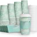 Papyrus Hot Cups with Lids and Sleeves - Paper Cups for Hot Beverages, 48-Count, 16 fl oz, Mint Floral Print