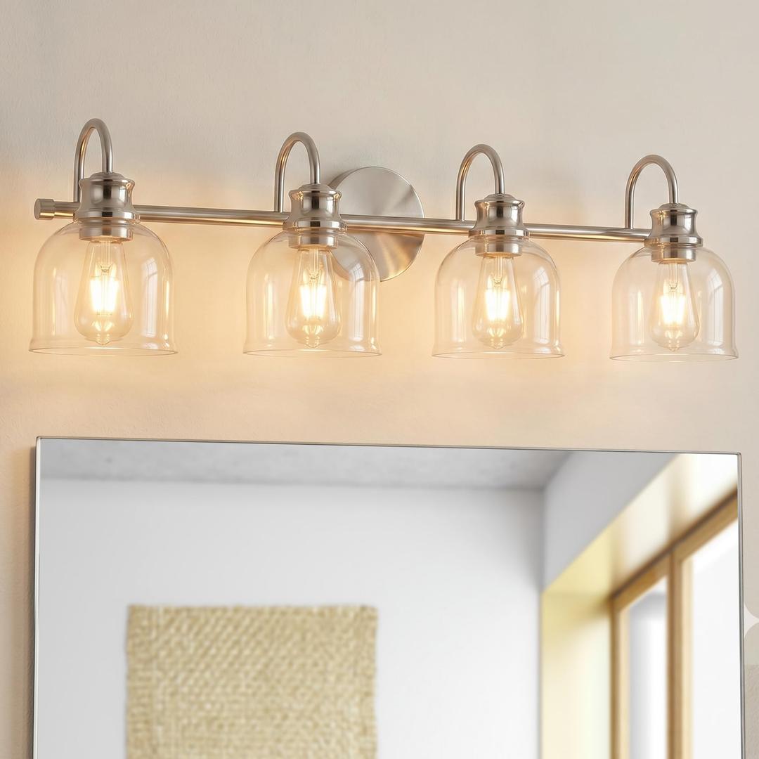 URSOLA 5 Lights 40" Bathroom Vanity Light Fixtures, Brushed Nickel Traditional Classic Vanity Light with Clear Glass, Bathroom Lighting Fixtures Over Mirror