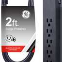 GE Pro 6 Outlet Surge Protector, 2 Ft Long Extension Cord, Power Strip, Flat Plug, Wall Mount, Black, 45170