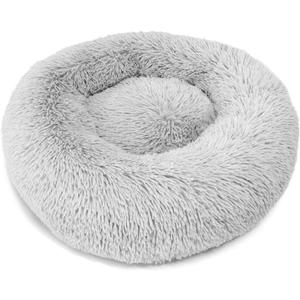 Dog & Cat Bed for Indoor Cats, 21.5 in Calming Donut Bed for Puppy and Kitten, Washable Round Fluffy Pet Bed for Small Medium Dogs and Cats Cotton Faux Fur, Anti-Slip Base (Light Grey)