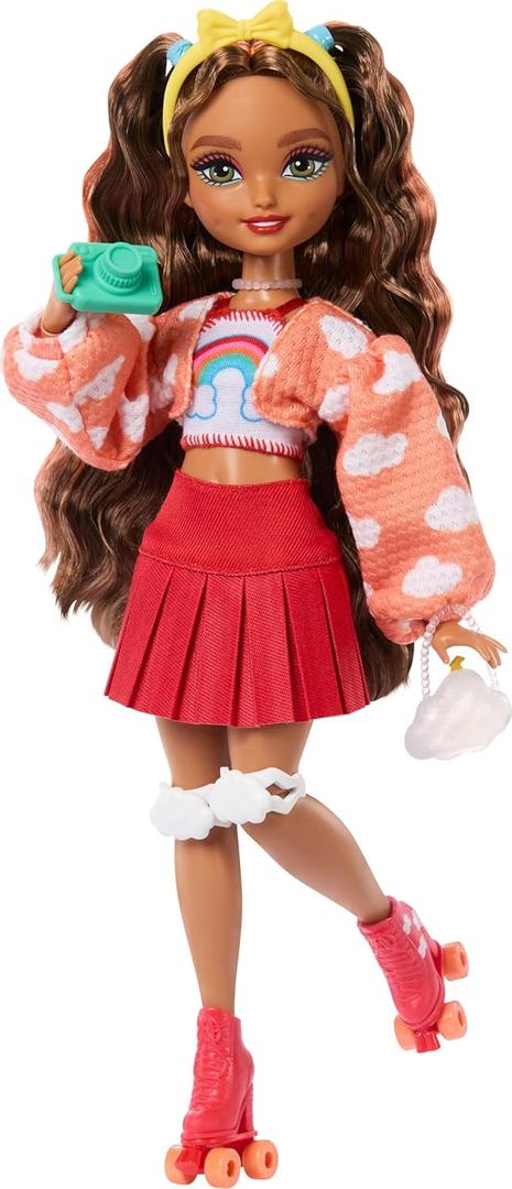 Barbie Dream Besties Doll and Accessories, Teresa Posable Roller Skating Fashion Doll with Brown Hair, 9Video Game Themed Pieces