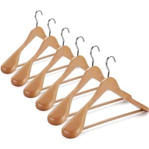 TOPIA HANGER Set of 6 Luxury Natural Wooden Coat Hangers, Premium Wood Suit Hangers, Glossy Finish with Extra-Wide Shoulder, Thicker Chrome Hooks & Anti-Slip Bar CT02N