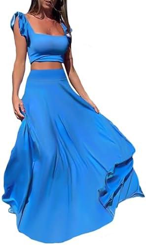 Vakkest Womens Summer Sexy 2 Pieces Outfits Ruffle Floral Tank Top Wrap Boho Tropical Long Skirt Set Clubwear Dresses, Size L, Blue
