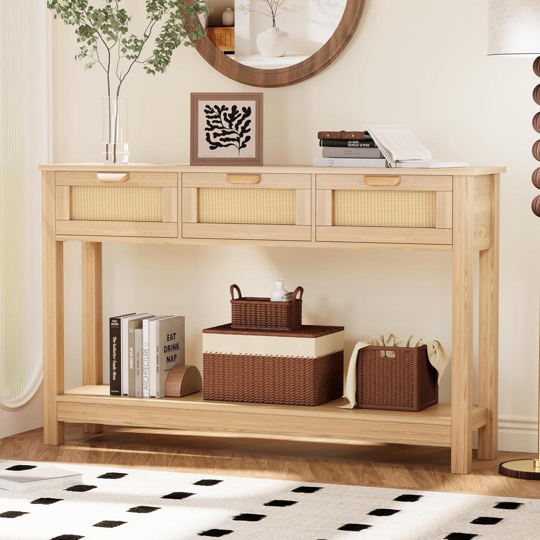 Rattan Console Table with 3 Drawers, Boho Entryway Table with Storage Open Shelf, Narrow Sofa Table Behind Couch Table for Living Room, Natural Wood