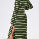 Saodimallsu Womens Striped Sweater Dress Fall Chunky Knit V Neck Collared Long Sleeve Sexy Slit Loose Midi Dresses (Green)