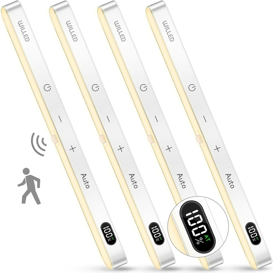 WILLED 3000K Closet Lights Motion Sensored, Battery Display, 60 LED Touch Light Bar, Motion Sensor Light Indoor, Under Cabinet Lights Rechargeable, Stick on Light for Closet, Kitchen, Hallway, 4 Pack