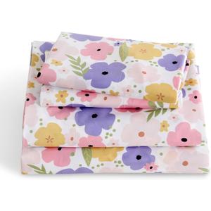LONAVA Queen Sheet Set Kids - 4 Pieces Soft Microfiber Cartoon Style Bedsheets for Boys Girls Teens, Oeko TEX, Breathable Deep Pocket Sheets, (Flower)