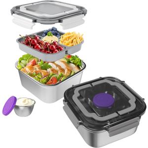 Salad Container for Lunch 2 Pack,3-Compartment Bento-Style Tray,1.5-oz Sacue Container, Dishwasher, Microwave, and Oven Safe (Gray&White)