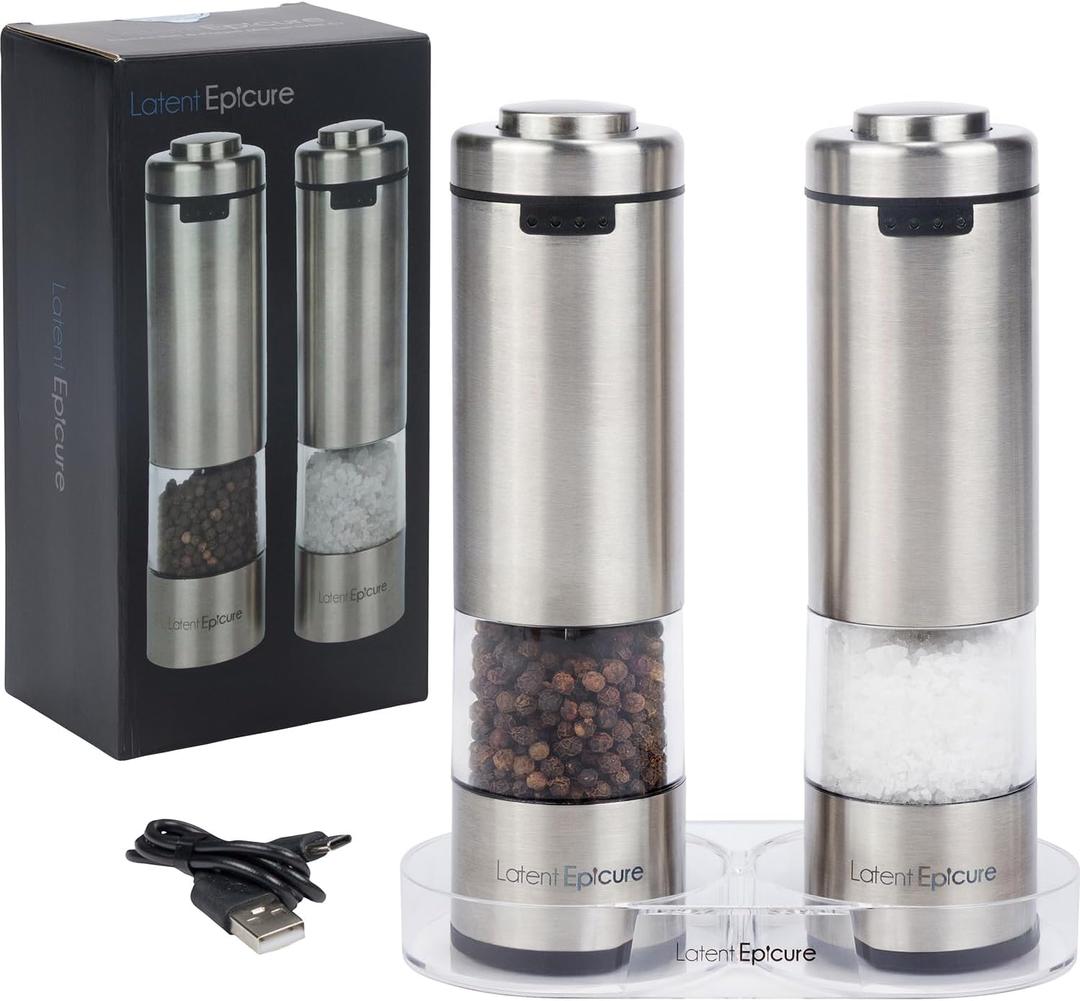 Latent Epicure Electric Salt & Pepper Grinder Set  USB-C Rechargeable Stainless-Steel Mills & Shakers with LED Light, Adjustable Ceramic Grinders & Acrylic Rest Tray