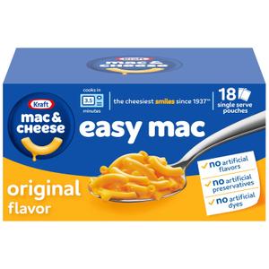 Kraft Easy Mac and Cheese, 18 Packets, for Easy Dinner or Dinner Sides, Original Flavor, No Artificial Flavors, Preservatives or Dyes, 38.7 oz BB 11/5/26
