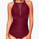 Tempt Me Women One Piece Swimsuit High Neck Plunge Ruched Tummy Control Bathing Suit L
