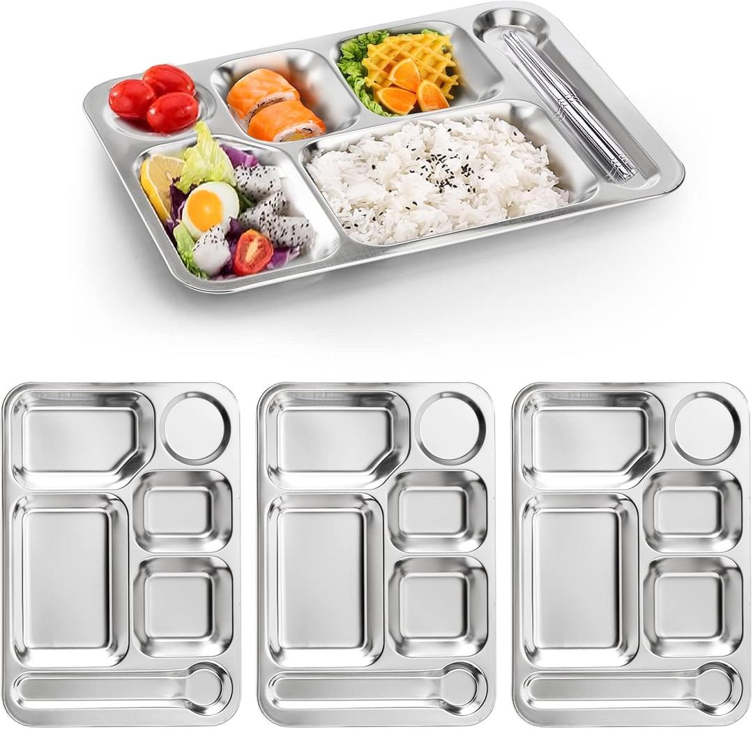 Fasmov 4 Pack Stainless Steel Rectangular Divided Dinner Tray, 6 Sections Stainless steel Metal Plate for Adults, Picky Eaters, Campers, and Portion Control