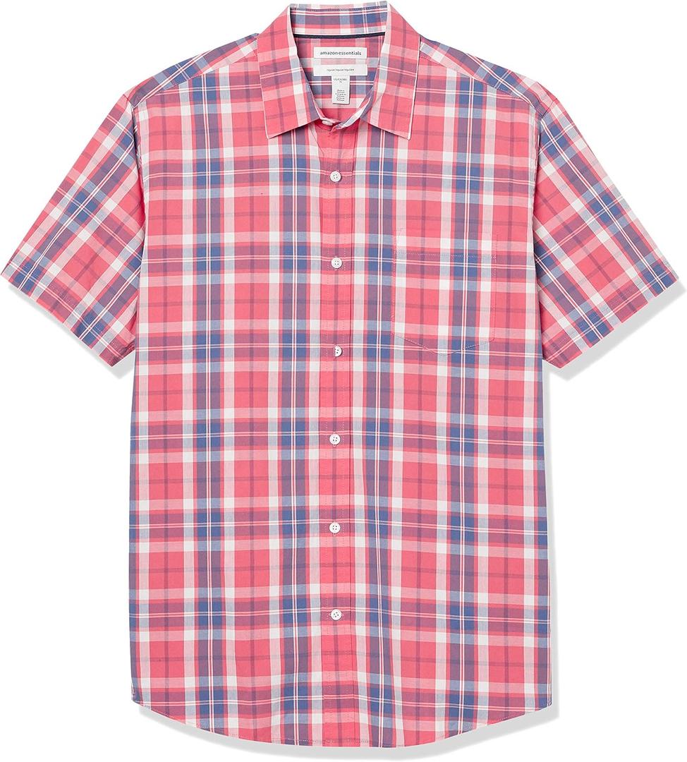 Amazon Essentials Men's Regular-Fit Short-Sleeve Poplin Shirt, Washed Red Windowpane, Large