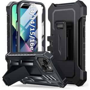 for iPhone 13/14/15 Phone Case: for iPhone 16e Protective Cover with Belt Clip Holster | Durable Dual-Layer Design with Built-in Kickstand | Heavy Duty Military Grade Hard Protection Shock Proof