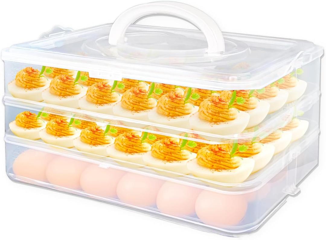 Jgalnim 3 Layer Deviled Egg Trays Containers with Lid,Plastic Refrigerator Egg Carrier with Handle for 72 holes,Clear Storage Platter for Portable Devil Egg,Easter Thanksgiving