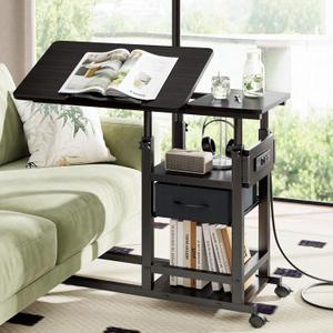 Height Adjustable Overbed Table with Wheel and Charging Station, Tiltable Desk C Shaped End Table for Couch, 2-Tier Overbed Bedside Desk with Storage Shelve for Living Room Bedroom