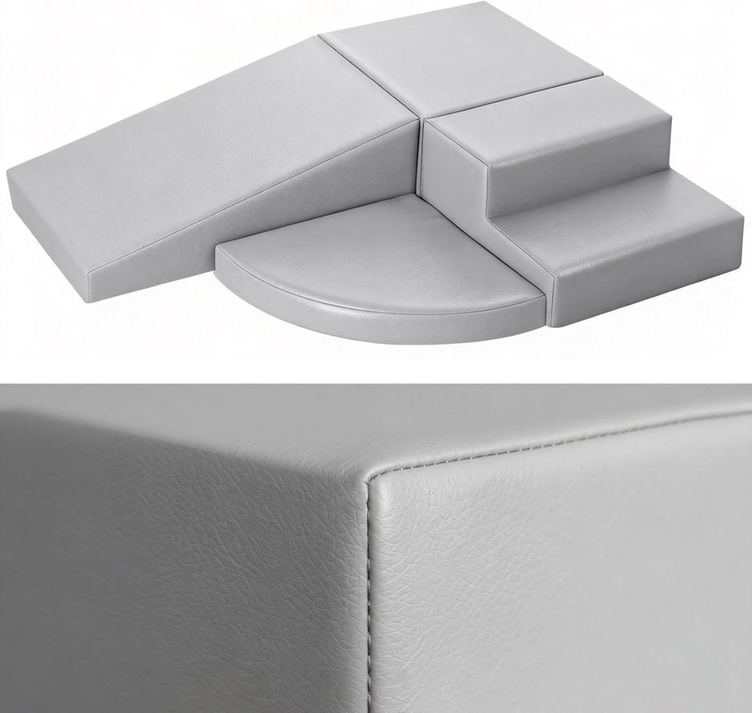 4-Piece PU Leather Baby Foam Climbing Blocks for Toddlers - Soft Play Climbing Toys for Toddlers - Foam Climbing Set for Crawling and Sliding Indoor (Gray) (Grey)