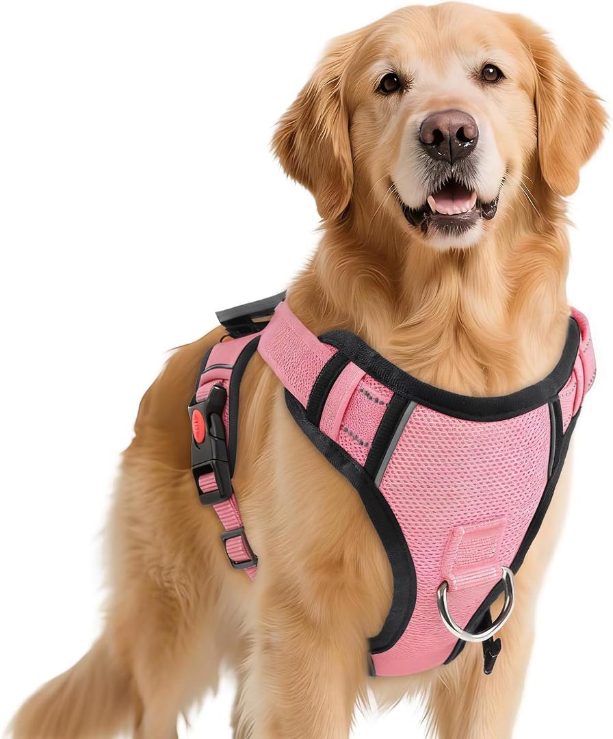 No Pull Dog Harness with 2 Leash Clips, Reflective Adjustable Soft Padded Vest with Handle, Breathable Oxford No Choke Pet Vest for Large Dogs, Pink,L