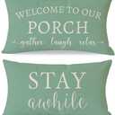 PANDICORN Welcome to Our Porch Stay Awhile Eucalyptus Green Outdoor Farmhouse Lumbar Decorative Throw Pillow Covers 12x20 Inch Set of 2 Cozy Relax Spring Summer Decoration for Sofa Couch Porch Decor