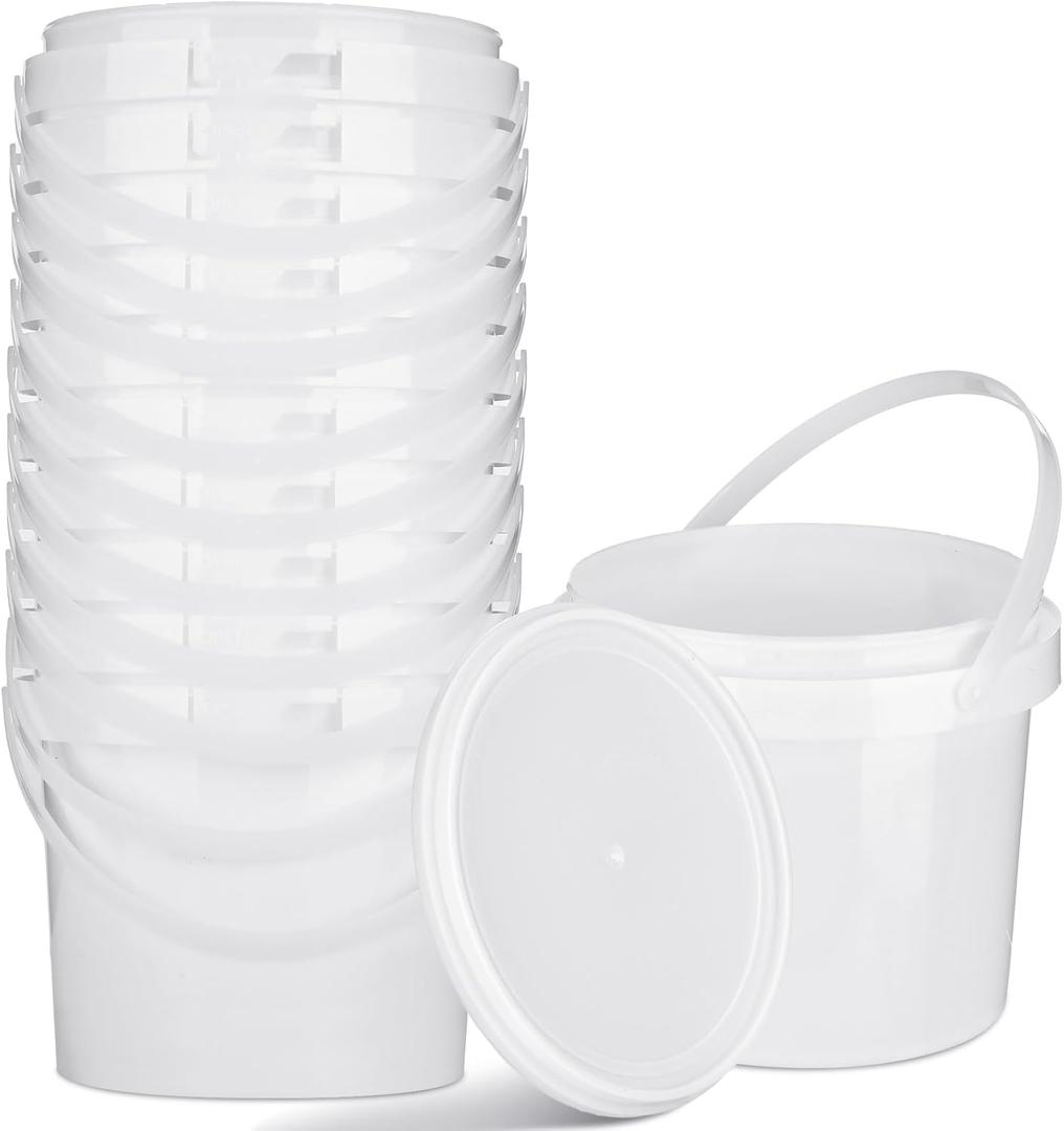 Gerrii 10 Pack White Plastic Bucket with Handle and Lid, 0.375 Gallon (1.5 Quart), Food Storage Bucket Containers, All Purpose Pail for Paint, Water, Art Crafts Projects, Garage Organization