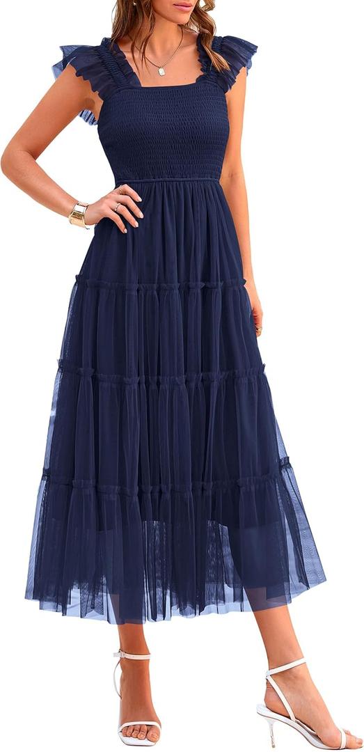 PRETTYGARDEN Women's Summer Tulle Midi Dress Sleeveless Smocked Ruffle Flowy Mesh Dresses Party Wedding Guest Sundress (Navy) Small
