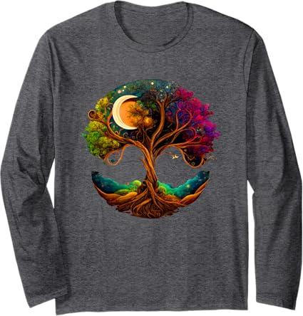 Moon Phases Tree of Life Long Sleeve T-Shirt, Large, Black