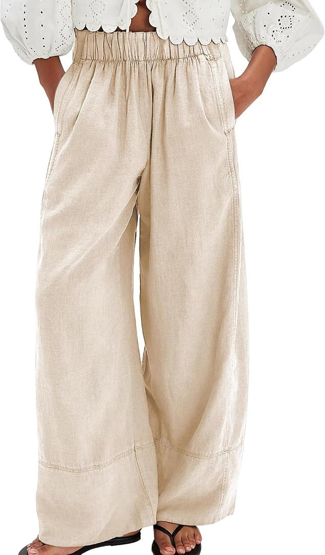 SeeLuNa Linen Pants for Women Cotton Baggy Boho Casual Palazzo Pants Wide Leg Long Lounge Trousers with Pockets (Beige, S)
