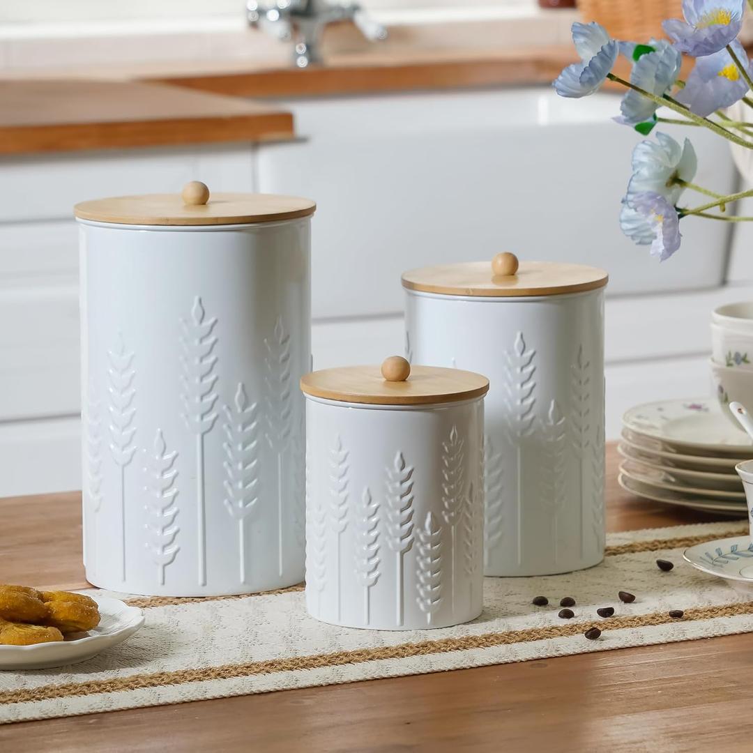 Kitchen Canister Set of 3 Tea Coffee Sugar Containers with Airtight Bamboo Lids Food Flour Storage for Countertop Metal White Ear of Wheat Pattern Embossed Farmhouse Decor