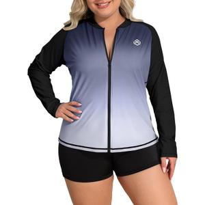 ATTRACO Women's Long Sleeve Rash Guard UV Sun Protection Zipper Gradient Swimsuit Top (1X)