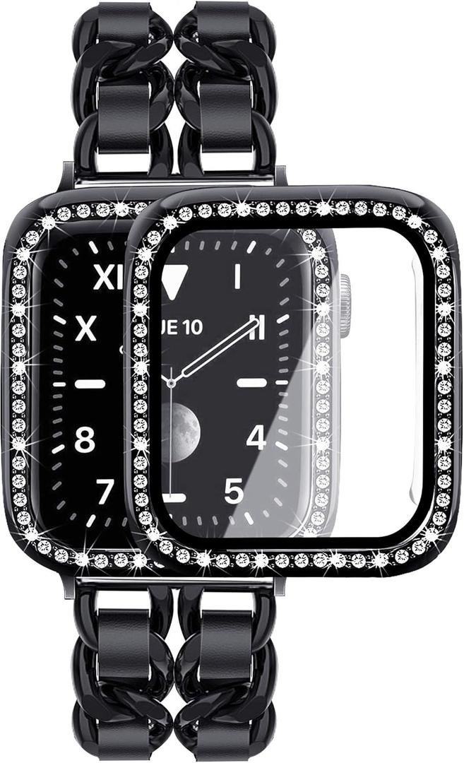Mosonio Compatible for Apple Watch Band 40mm with Screen Protectors Case Women, Jewelry Bracelet Metal Bands with 2-Pack Bling Case Cover for 40mm iWatch Series SE 6 5 4(Black Link with Black Leather)