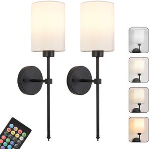 Battery Operated Wall Sconces Set of Two,Wireless Rechargeable Wall Light With Remote Control, Dimmable, Amber Light/Warm White/Natural White/Daylight/RGB, Timer,for Living Room,Bedroom,Entryway,Black