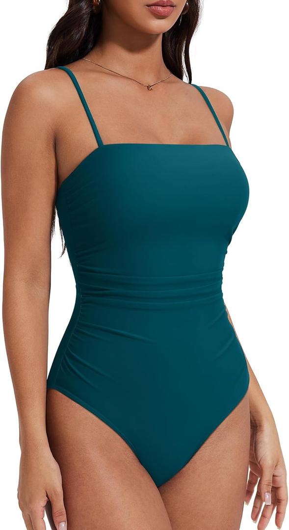 SUUKSESS Women Sexy One Piece Swimsuit Tummy Control Square Neck Bathing Suit (Small, 154 Upgrade Peacock Blue)
