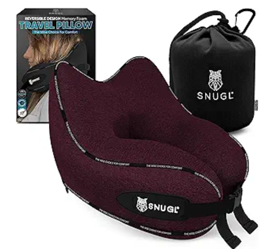 SNUGL Travel Pillow Memory Foam Pillows - Neck Pillow for Airplane with Carry Bag & Clip Neck Support Pillows for Pain Relief - Airplane Travel Essentials (Adult Small - Dark Red)
