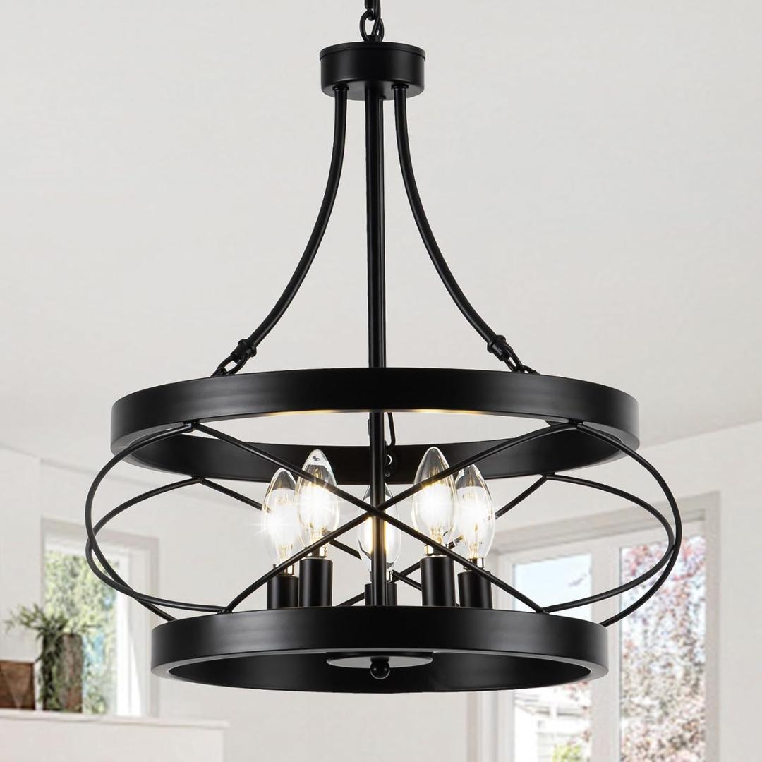 5-Light Farmhouse Chandelier, 17.72" Rustic Drum Dining Room Light Fixture, Black Chandeliers Hanging Pendant Lighting, Industrial Candle Chandeliers for Living Room Kitchen Entryway Bedroom