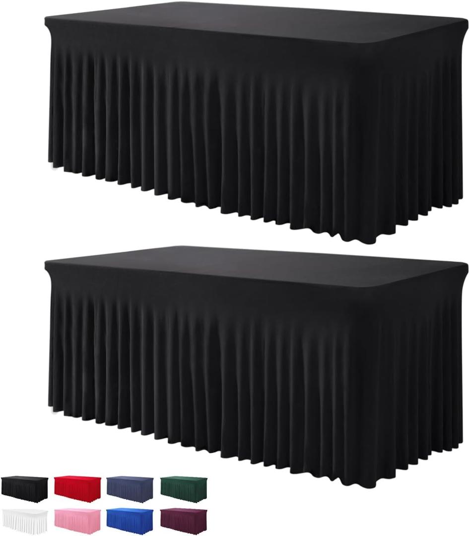 Table Skirt for 4 Foot Tables - 2 Pack One-Piece Black Tablecloths and Skirt, Wrinkle Resistant Ruffles Elastic Cover for Banquets, Weddings, Events, Parties (48" x 30" (Rectangular) 2Pack)