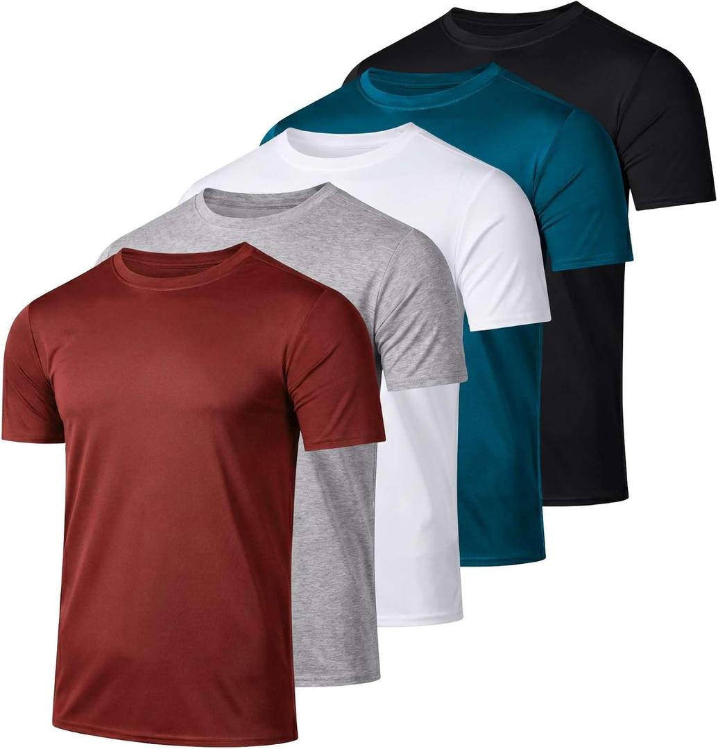 5 Pack Men's Dry Fit Workout T Shirts Crew Neck Athletic Gym Running Tees (L)